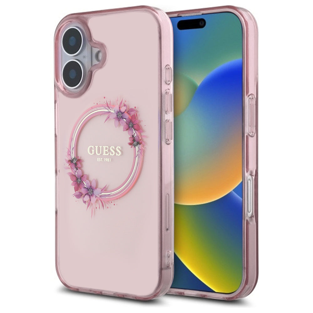 MagSafe-kotelo Apple iPhone 16:lle, Guess, IML Flowers Wreath, Pinkki