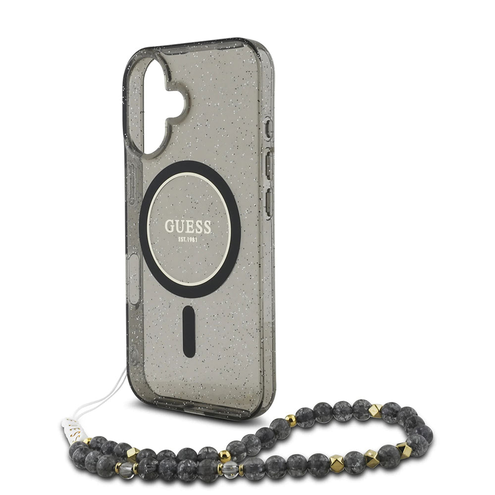 MagSafe-kotelo Apple iPhone 16:lle, Guess, IML Glitter Pearl-hihnalla, Musta