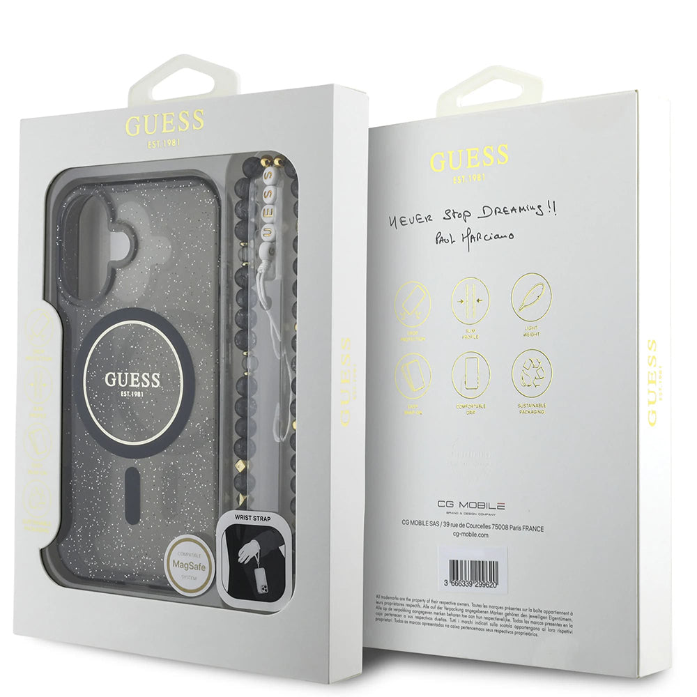 MagSafe-kotelo Apple iPhone 16:lle, Guess, IML Glitter Pearl-hihnalla, Musta