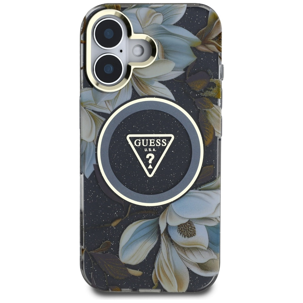 MagSafe-kotelo Apple iPhone 16:lle, Guess, IML Metal Glitter Flowers Triangle, Musta
