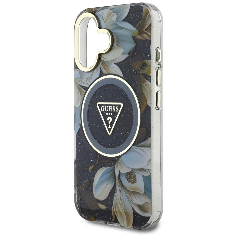 MagSafe-kotelo Apple iPhone 16:lle, Guess, IML Metal Glitter Flowers Triangle, Musta