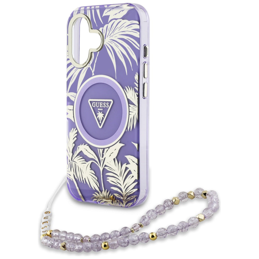MagSafe-kotelo Apple iPhone 16:lle, Guess, IML Palm Trees Triangle with Pearl Strap, Violetti