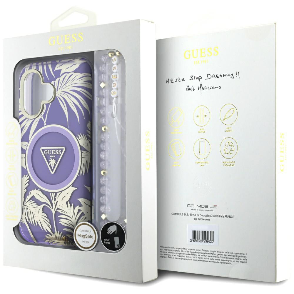 MagSafe-kotelo Apple iPhone 16:lle, Guess, IML Palm Trees Triangle with Pearl Strap, Violetti