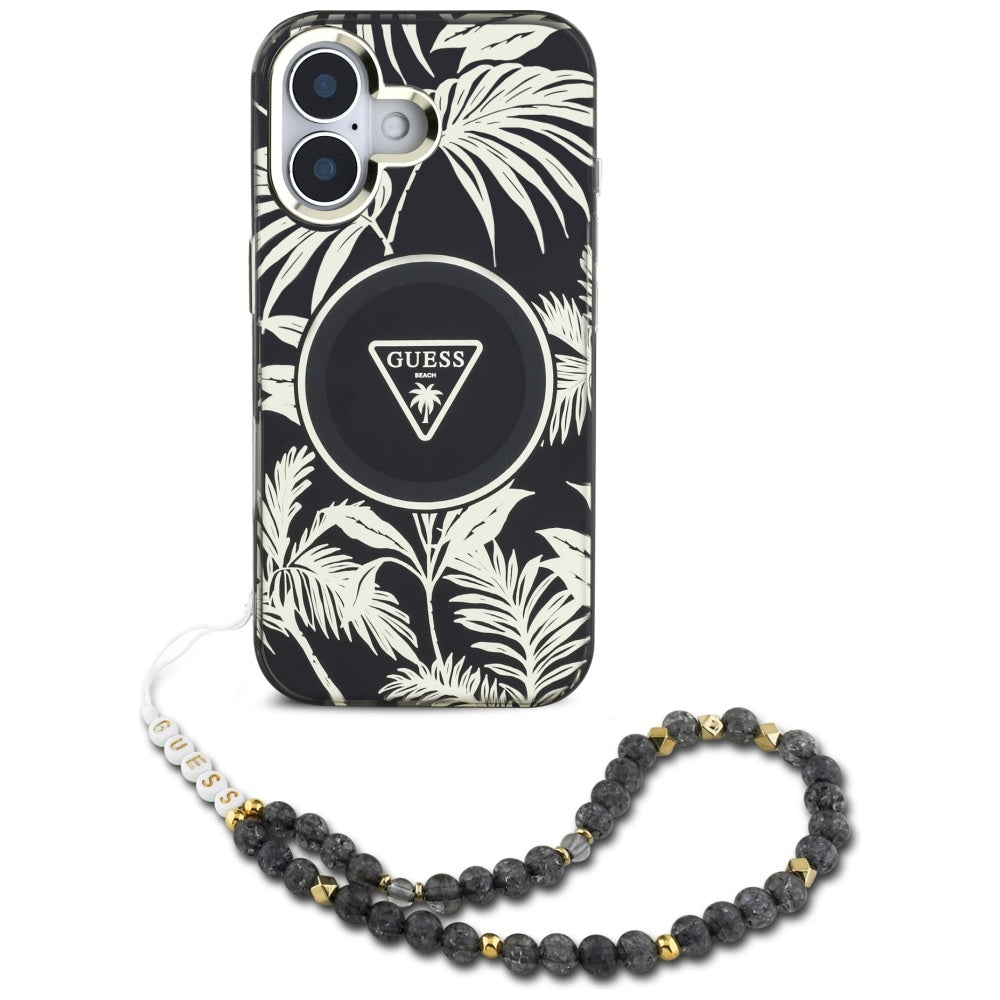 MagSafe-kotelo Apple iPhone 16:lle, Guess, IML Palm Trees Triangle with Pearl Strap, Musta