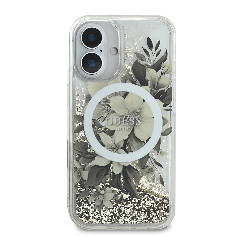 MagSafe-kotelo Apple iPhone 16:lle, Guess, Liquid Glitter Flower, Beige