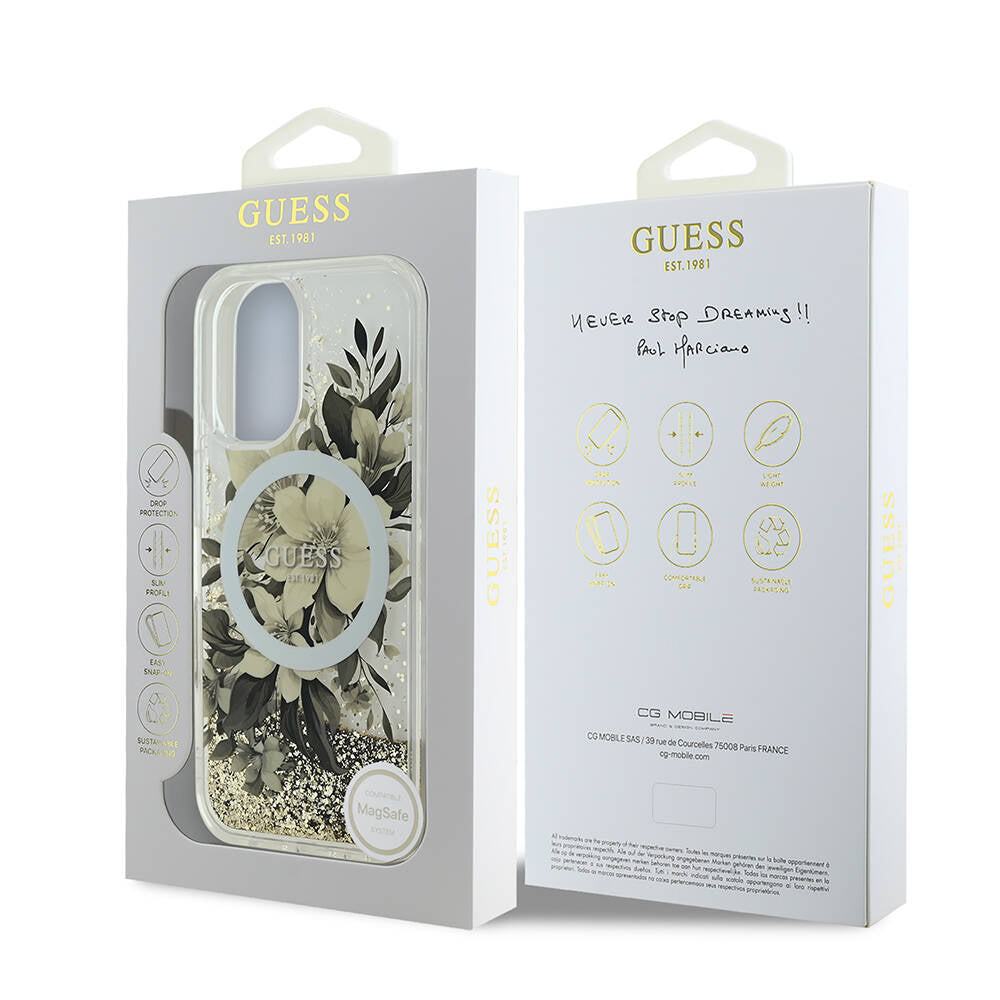 MagSafe-kotelo Apple iPhone 16:lle, Guess, Liquid Glitter Flower, Beige