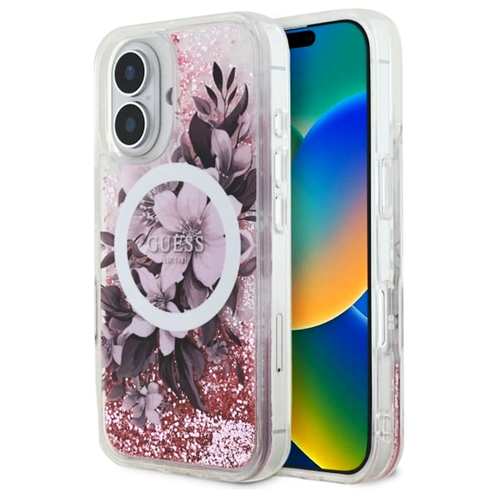 MagSafe-kotelo Apple iPhone 16:lle, Guess, Liquid Glitter Flower, Pinkki