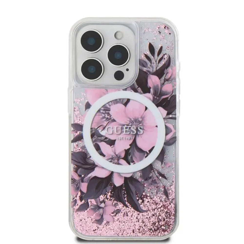 MagSafe-kotelo Apple iPhone 16:lle, Guess, Liquid Glitter Flower, Pinkki