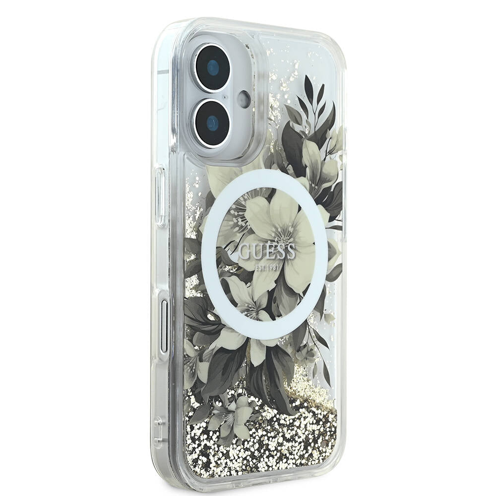 MagSafe-kotelo Apple iPhone 16:lle, Guess, Liquid Glitter Flower, Pinkki
