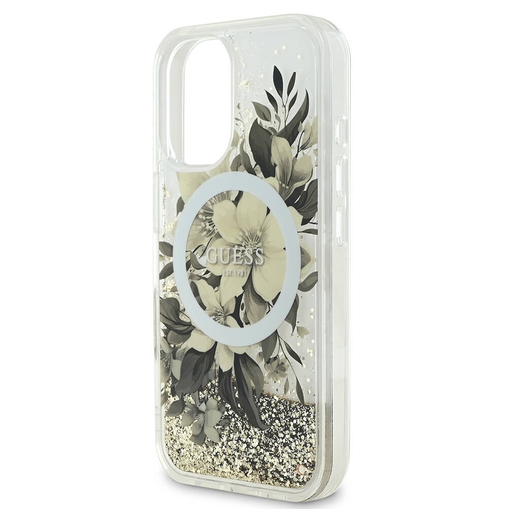 MagSafe-kotelo Apple iPhone 16:lle, Guess, Liquid Glitter Flower, Pinkki