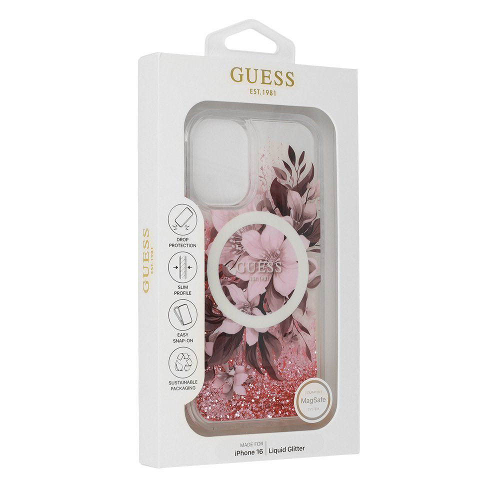 MagSafe-kotelo Apple iPhone 16:lle, Guess, Liquid Glitter Flower, Pinkki