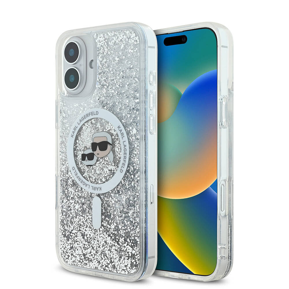 MagSafe-kotelo Apple iPhone 16:lle, Karl Lagerfeld, Glitter Liquid Karl & Choupette's Heads, Läpinäkyvä