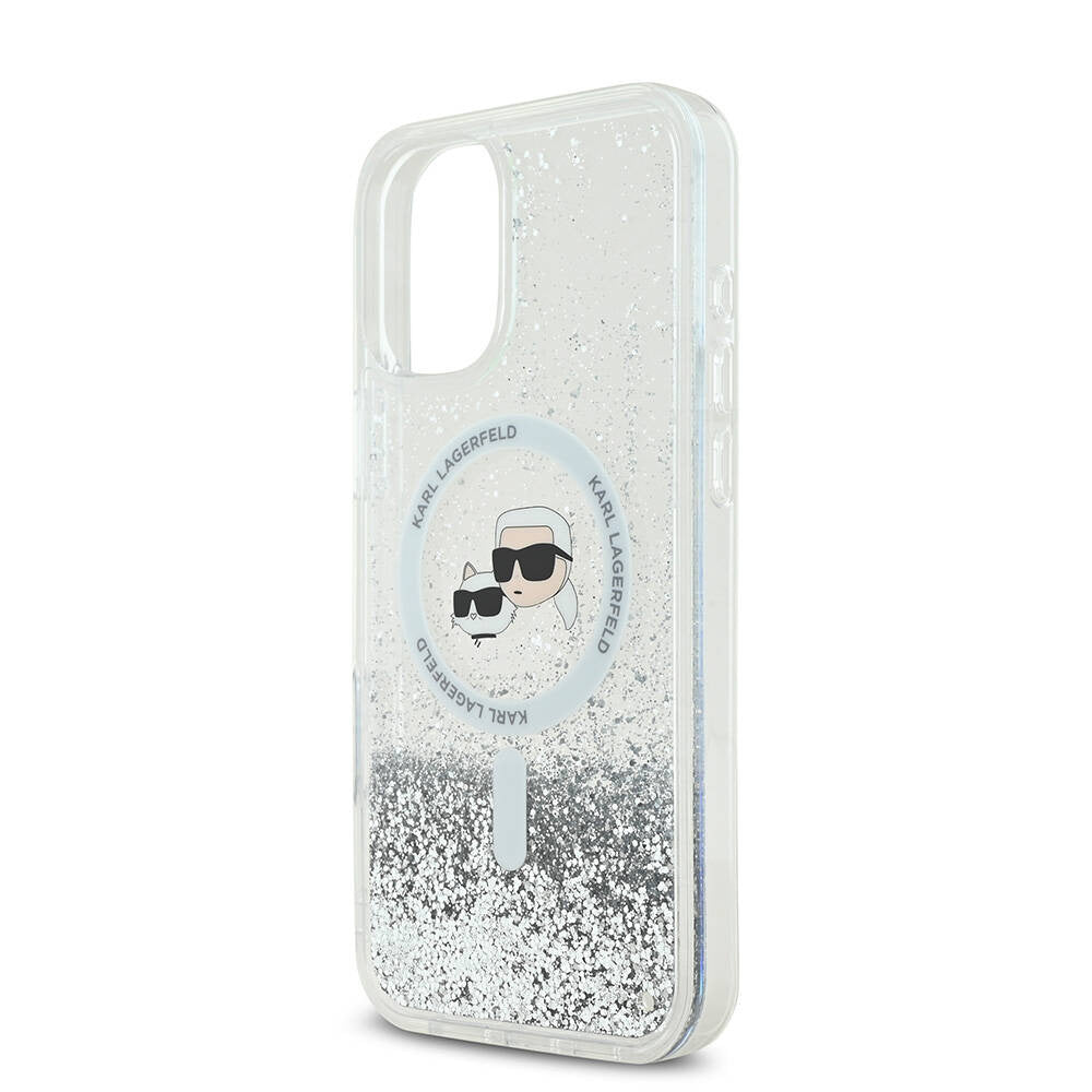 MagSafe-kotelo Apple iPhone 16:lle, Karl Lagerfeld, Glitter Liquid Karl & Choupette's Heads, Läpinäkyvä