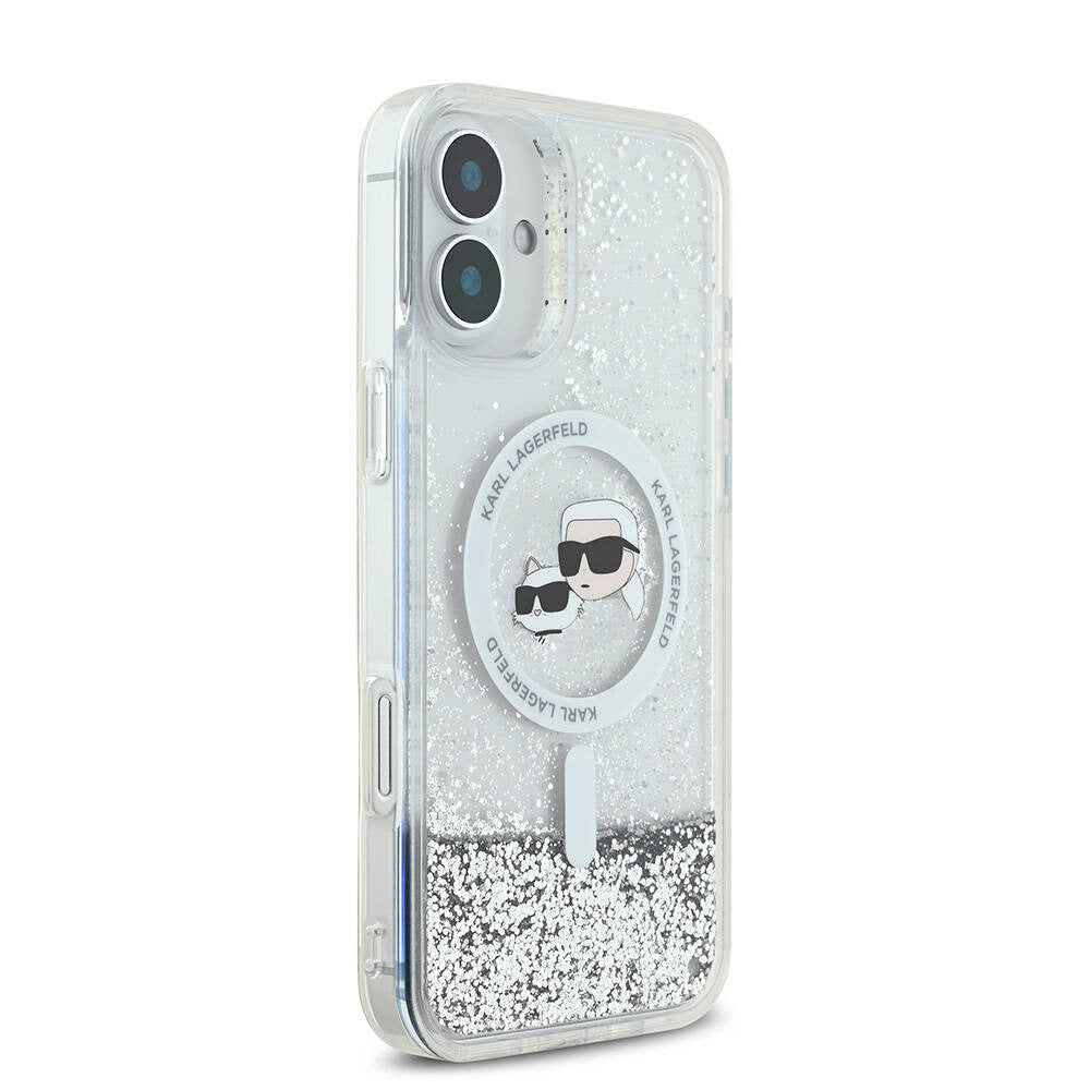MagSafe-kotelo Apple iPhone 16:lle, Karl Lagerfeld, Glitter Liquid Karl & Choupette's Heads, Läpinäkyvä