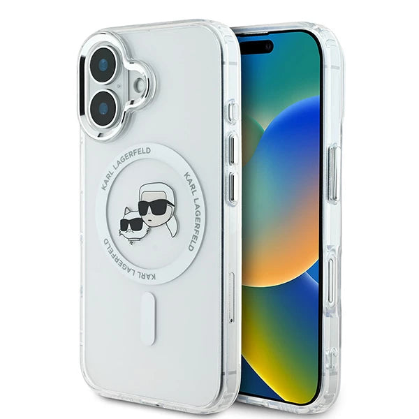 MagSafe-kotelo Apple iPhone 16:lle, Karl Lagerfeld, IML Metal Karl & Choupette's Heads, Valkoinen