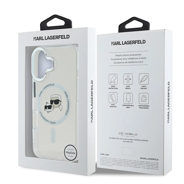MagSafe-kotelo Apple iPhone 16:lle, Karl Lagerfeld, IML Metal Karl & Choupette's Heads, Valkoinen