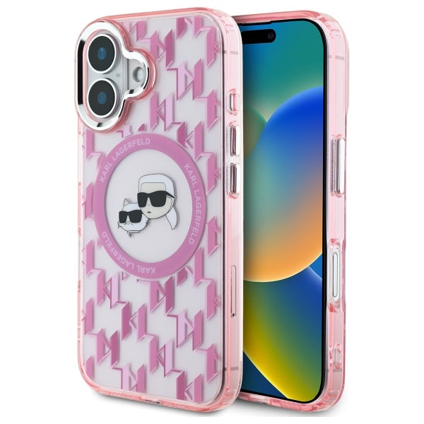 MagSafe-kotelo Apple iPhone 16:lle, Karl Lagerfeld, IML Monogram Karl & Choupette's Heads, Pinkki