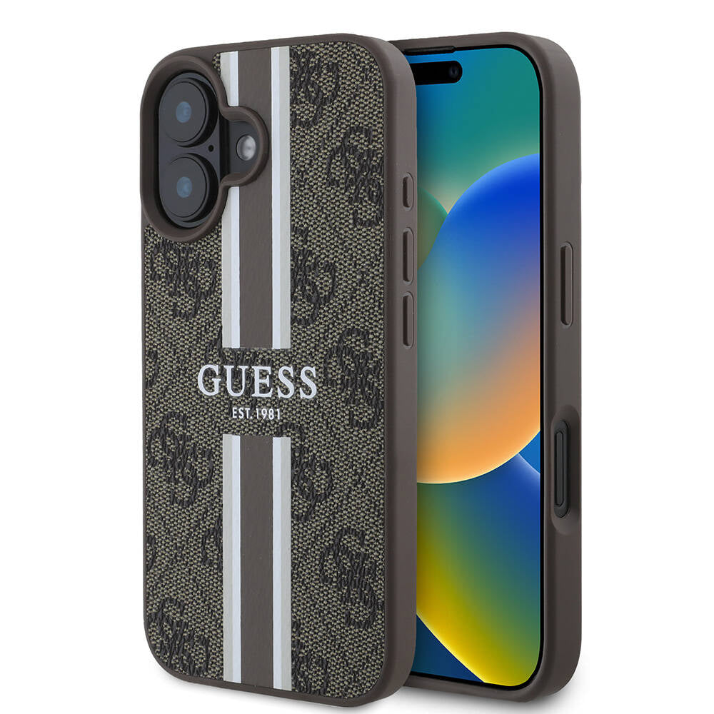 MagSafe Case for Apple iPhone 16 Plus, Guess, 4G Printed Stripes, Brown