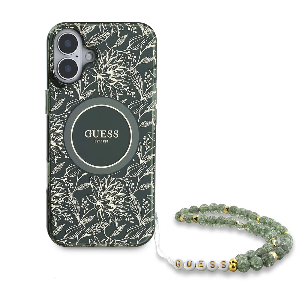 MagSafe-kotelo Apple iPhone 16 Plus -puhelimelle, Guess, IML Flowers Allover Electroplated with Pearl Strap, Vihreä