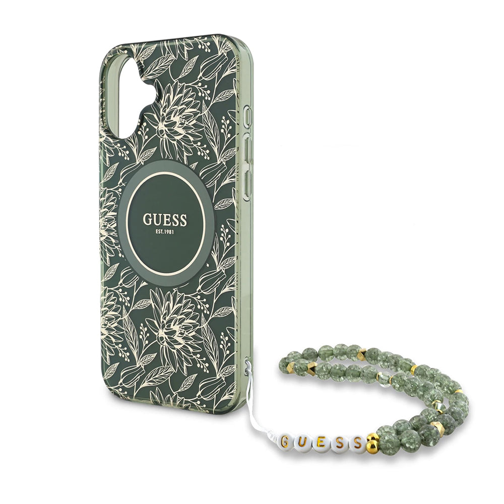 MagSafe-kotelo Apple iPhone 16 Plus -puhelimelle, Guess, IML Flowers Allover Electroplated with Pearl Strap, Vihreä