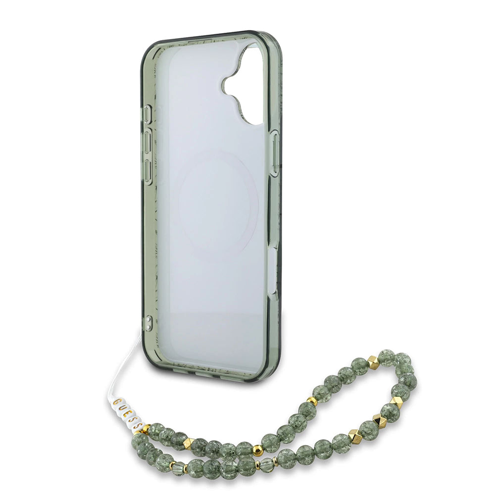 MagSafe-kotelo Apple iPhone 16 Plus -puhelimelle, Guess, IML Flowers Allover Electroplated with Pearl Strap, Vihreä