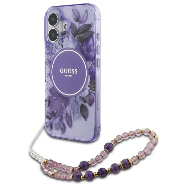 MagSafe Case for Apple iPhone 16 Plus, Guess, IML Flowers with Pearl Strap, Purple