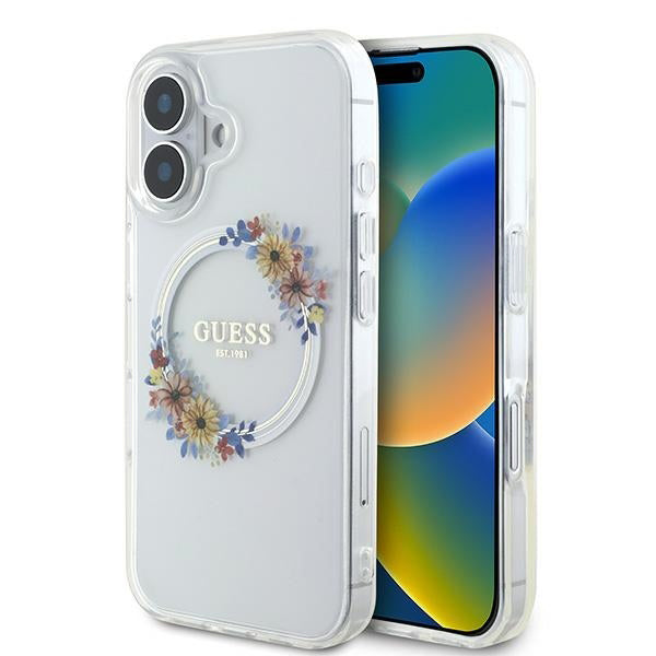 MagSafe-kotelo Apple iPhone 16 Plus -puhelimelle, Guess, IML Flowers Wreath, Läpinäkyvä