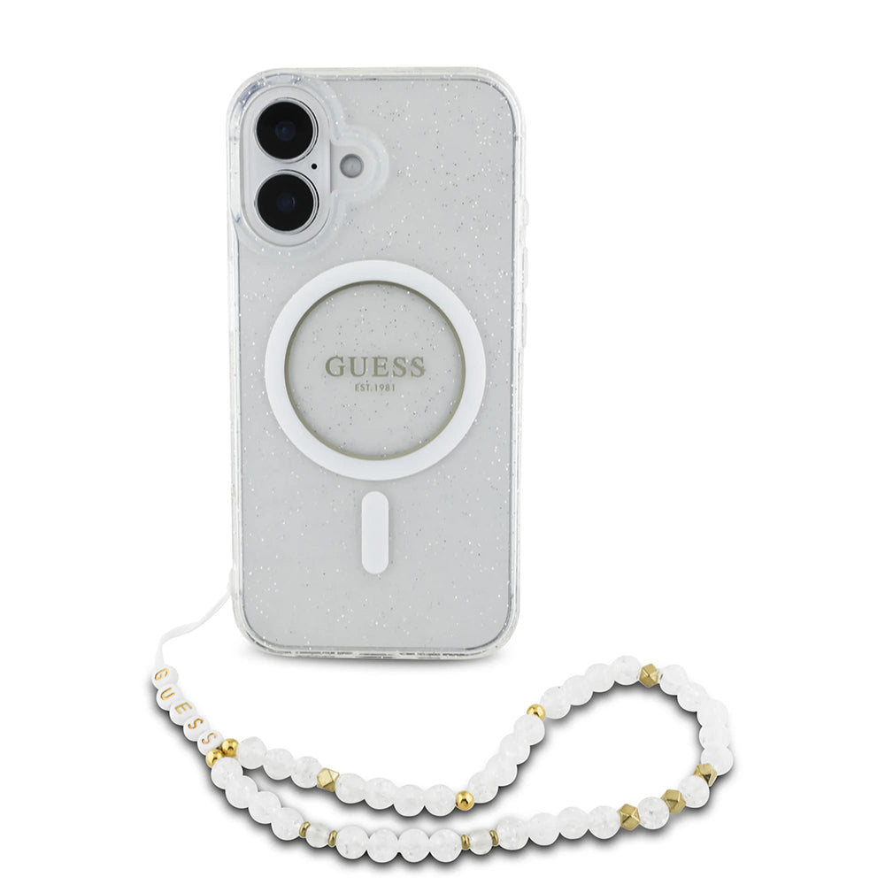 MagSafe-kotelo Apple iPhone 16 Plus -puhelimelle, Guess, IML Glitter with Pearl Strap, Läpinäkyvä