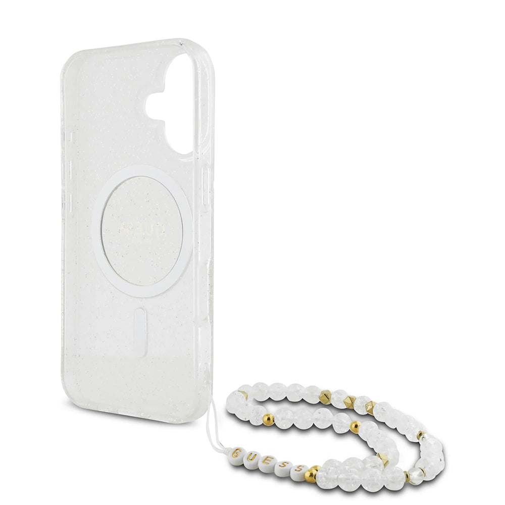 MagSafe-kotelo Apple iPhone 16 Plus -puhelimelle, Guess, IML Glitter with Pearl Strap, Läpinäkyvä