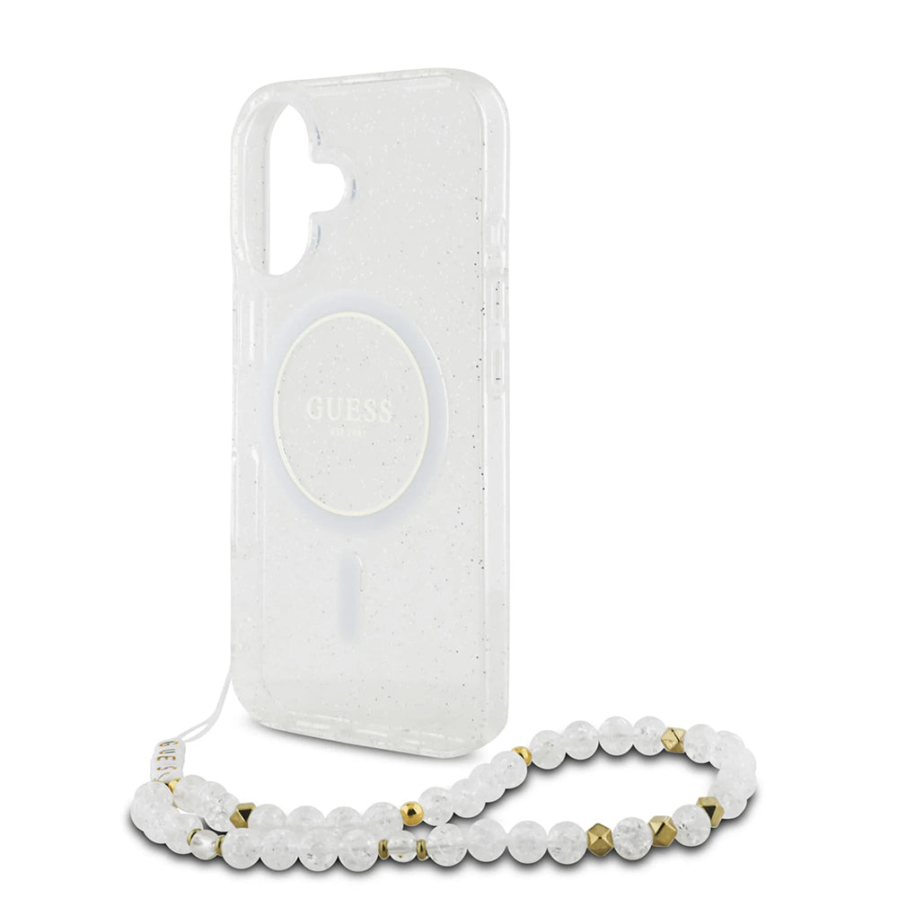 MagSafe-kotelo Apple iPhone 16 Plus -puhelimelle, Guess, IML Glitter with Pearl Strap, Läpinäkyvä