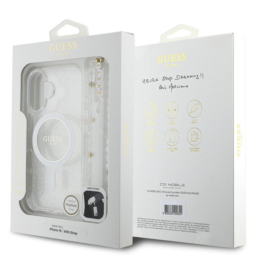 MagSafe-kotelo Apple iPhone 16 Plus -puhelimelle, Guess, IML Glitter with Pearl Strap, Läpinäkyvä