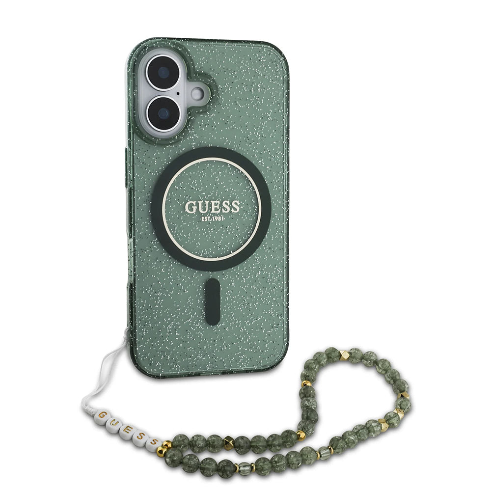 MagSafe-kotelo Apple iPhone 16 Plus -puhelimelle, Guess, IML Glitter with Pearl Strap, Vihreä