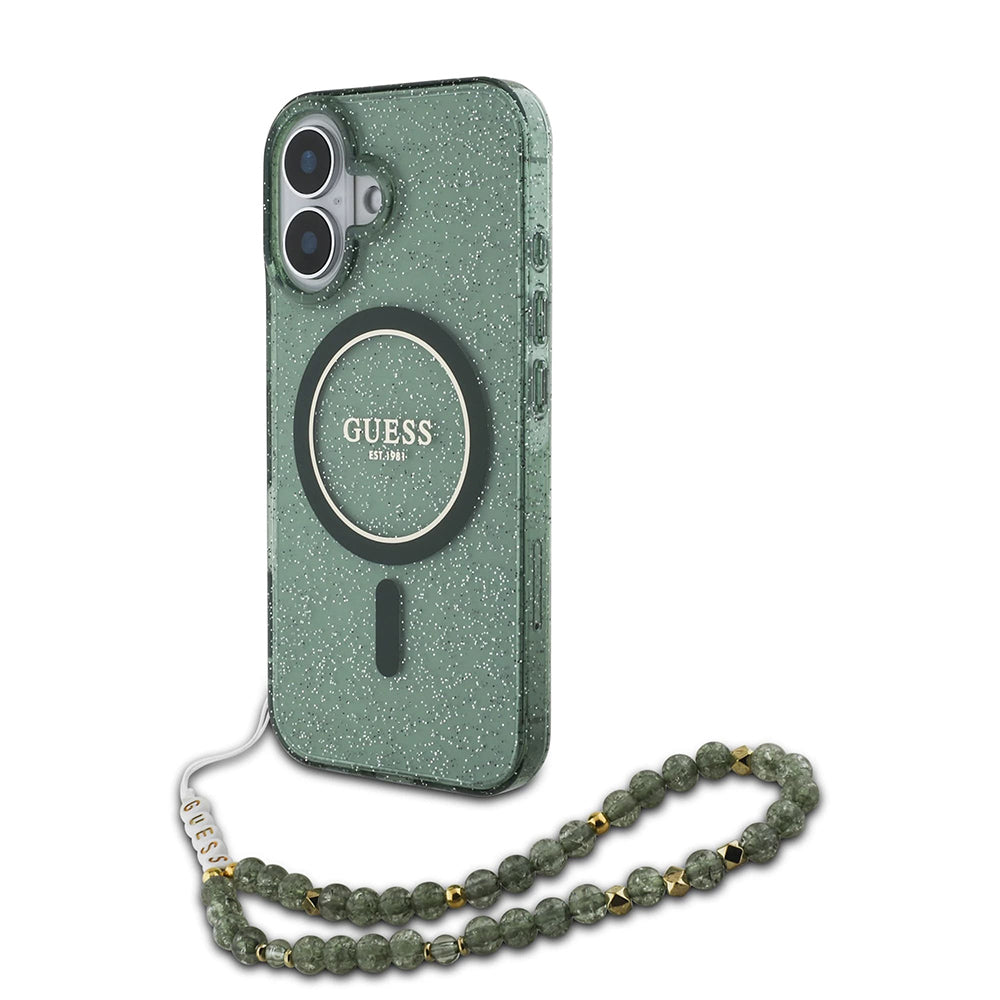 MagSafe-kotelo Apple iPhone 16 Plus -puhelimelle, Guess, IML Glitter with Pearl Strap, Vihreä