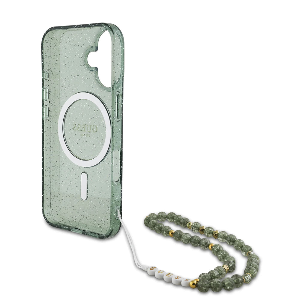 MagSafe-kotelo Apple iPhone 16 Plus -puhelimelle, Guess, IML Glitter with Pearl Strap, Vihreä