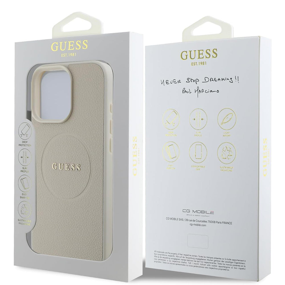 MagSafe-kotelo Apple iPhone 16 Prolle, Guess, Grained Gold Ring, Beige