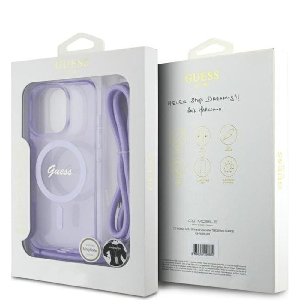 MagSafe-kotelo Apple iPhone 16 Prolle, Guess, IML Crossbody Cord Script, Violetti