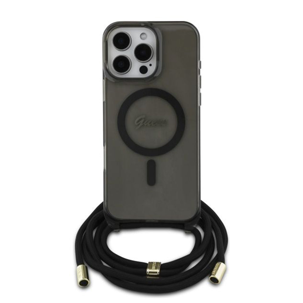 MagSafe-kotelo Apple iPhone 16 Prolle, Guess, IML Crossbody Cord Script, Musta