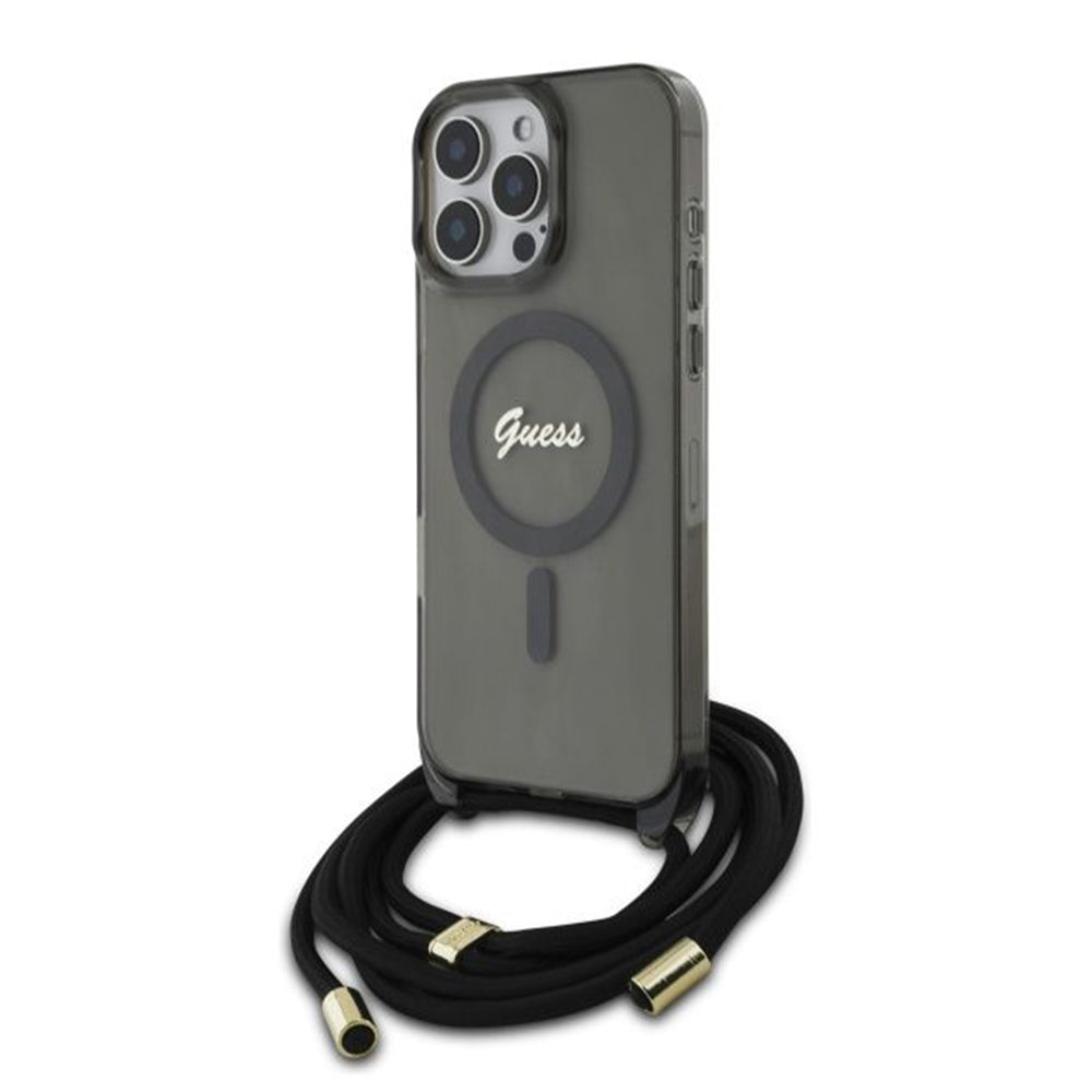 MagSafe-kotelo Apple iPhone 16 Prolle, Guess, IML Crossbody Cord Script, Musta
