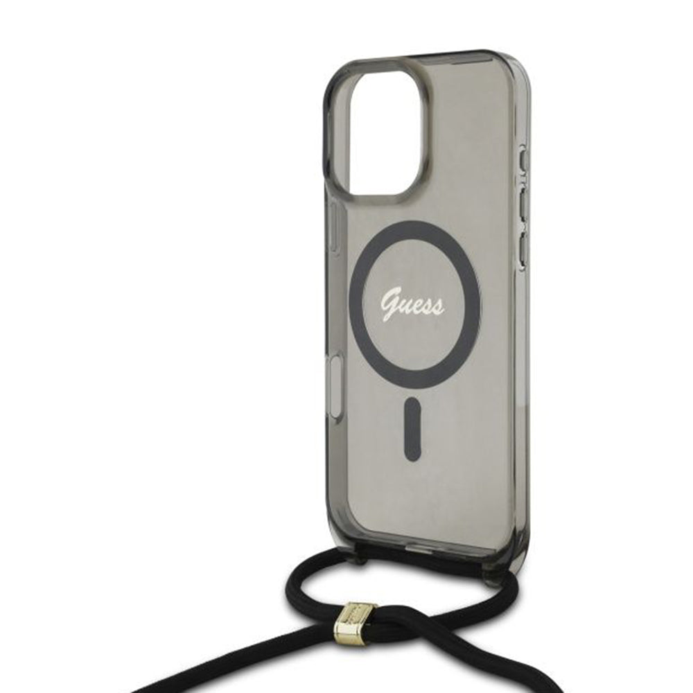MagSafe-kotelo Apple iPhone 16 Prolle, Guess, IML Crossbody Cord Script, Musta