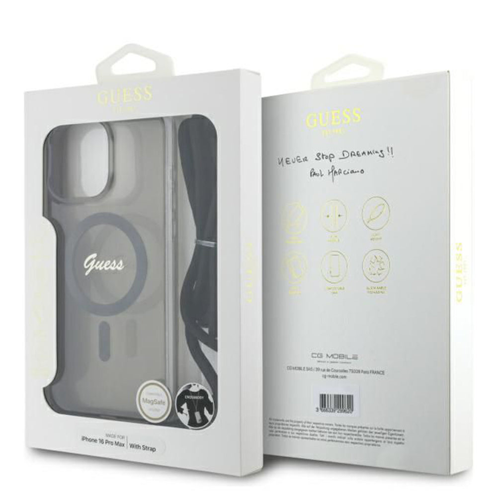 MagSafe-kotelo Apple iPhone 16 Prolle, Guess, IML Crossbody Cord Script, Musta