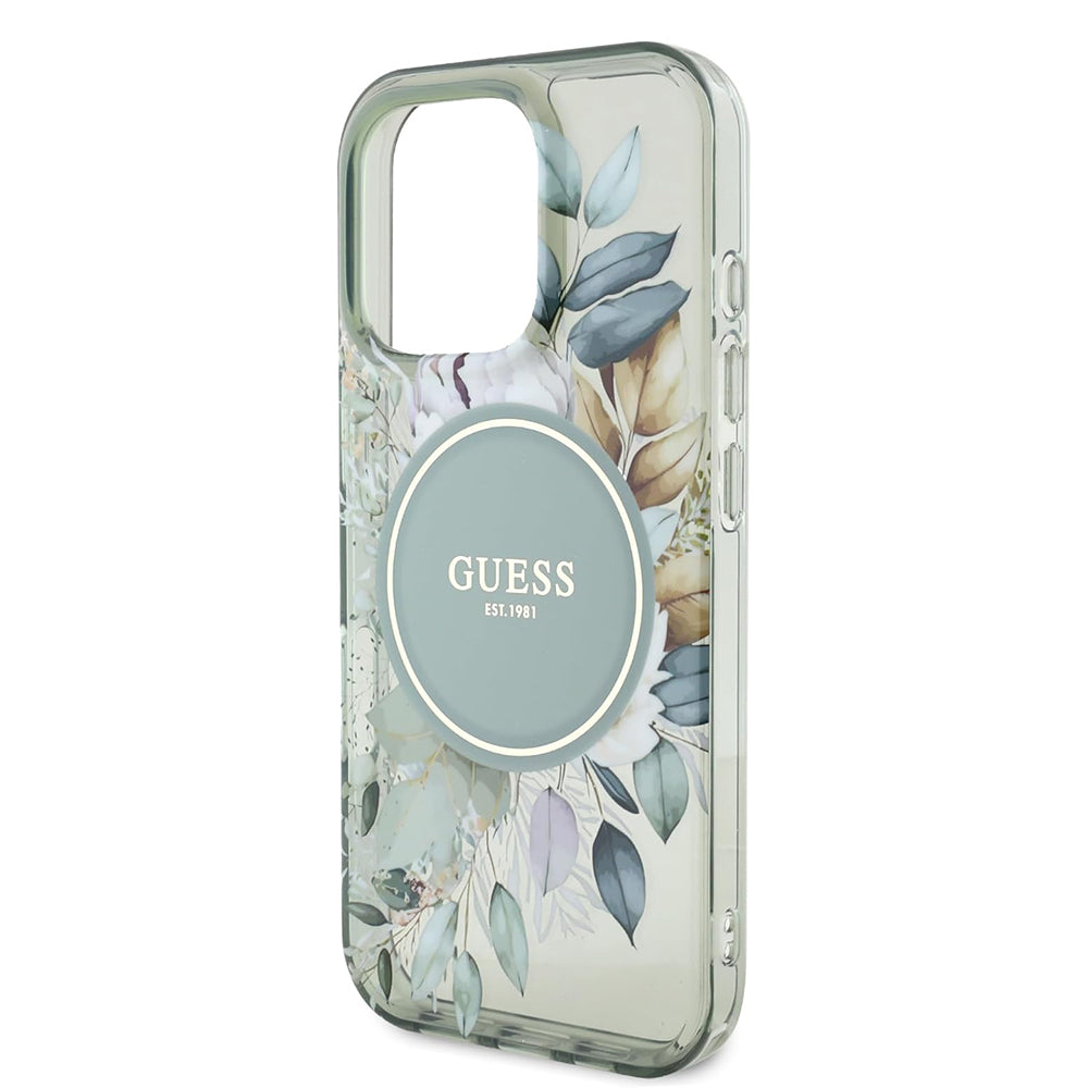 MagSafe Case for Apple iPhone 16 Pro, Guess, IML Flower & Tonal Circle, Green