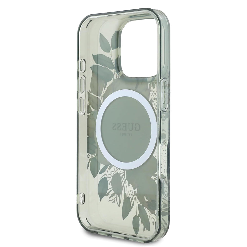 MagSafe Case for Apple iPhone 16 Pro, Guess, IML Flower & Tonal Circle, Green