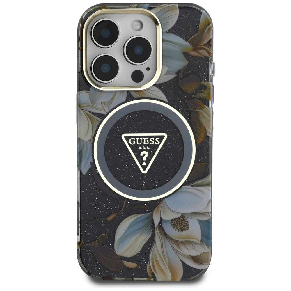 MagSafe-kotelo Apple iPhone 16 Prolle, Guess, IML Metal Glitter Flowers Triangle, Musta