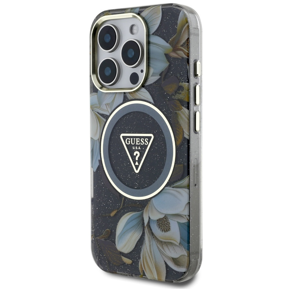 MagSafe-kotelo Apple iPhone 16 Prolle, Guess, IML Metal Glitter Flowers Triangle, Musta