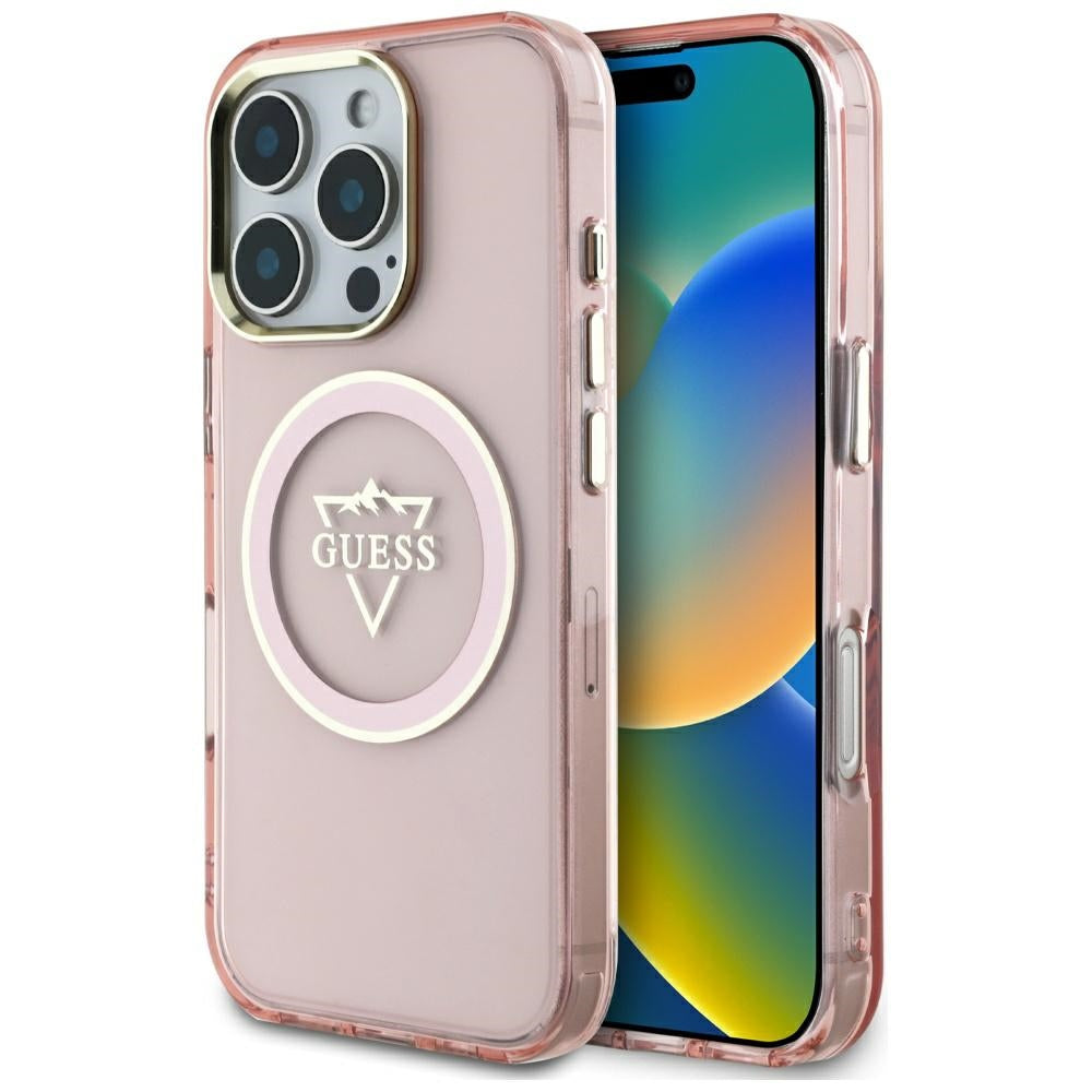 MagSafe-kotelo Apple iPhone 16 Prolle, Guess, IML Metal Mountain -logo, Pinkki