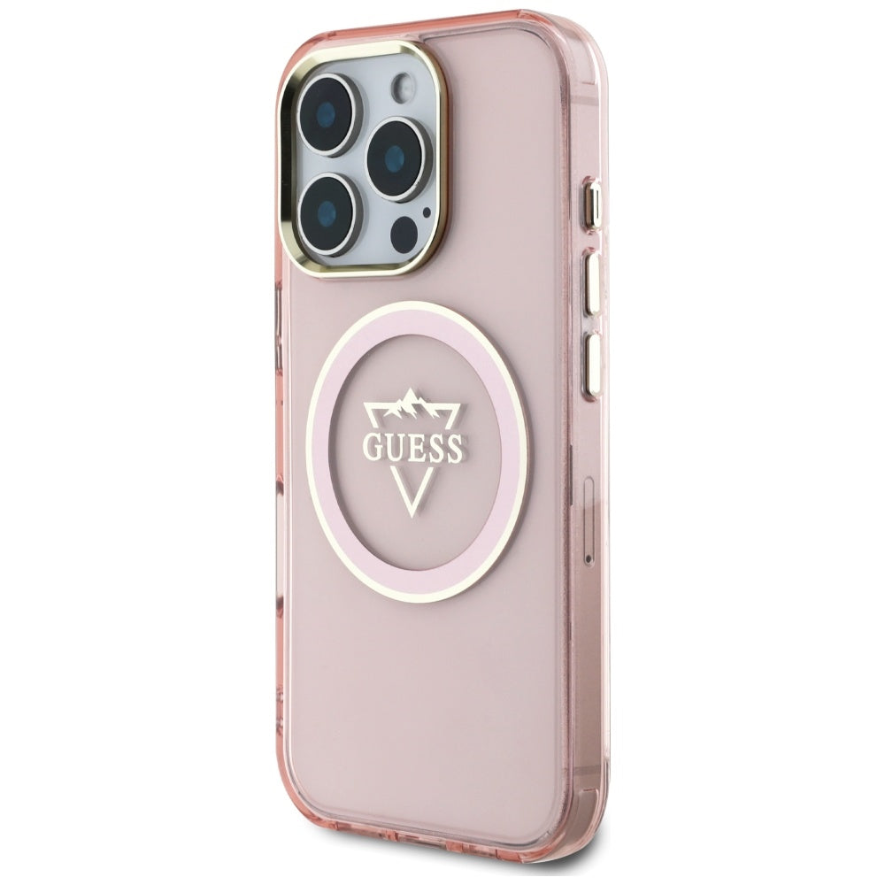MagSafe-kotelo Apple iPhone 16 Prolle, Guess, IML Metal Mountain -logo, Pinkki