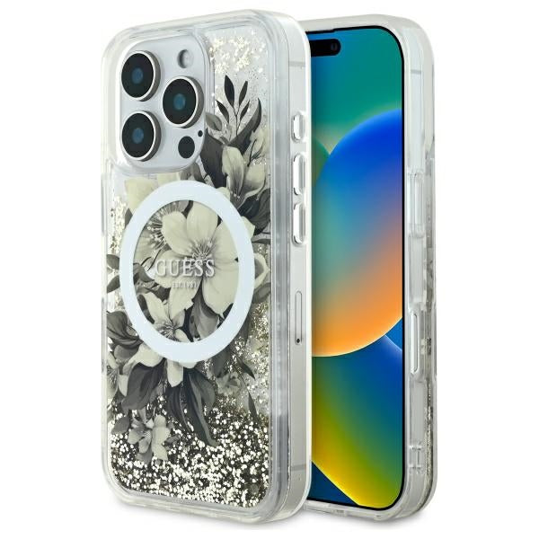MagSafe-kotelo Apple iPhone 16 Prolle, Guess, Liquid Glitter Flower, Beige
