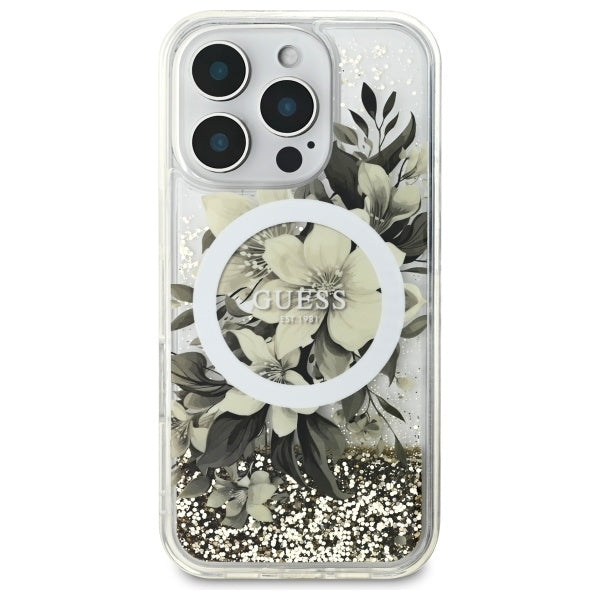 MagSafe-kotelo Apple iPhone 16 Prolle, Guess, Liquid Glitter Flower, Beige