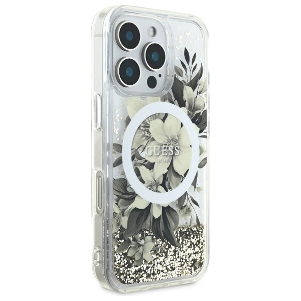 MagSafe-kotelo Apple iPhone 16 Prolle, Guess, Liquid Glitter Flower, Beige