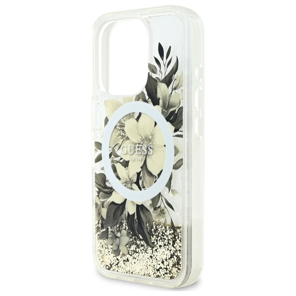 MagSafe-kotelo Apple iPhone 16 Prolle, Guess, Liquid Glitter Flower, Beige